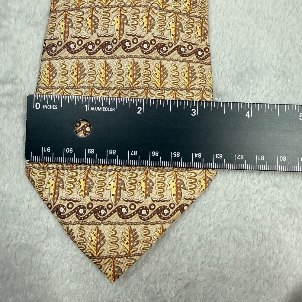 Hermes Silk Tie Mens OS Tan Brown 7718 OA Leaf Geometric Pattern Made in France - Picture 6 of 7